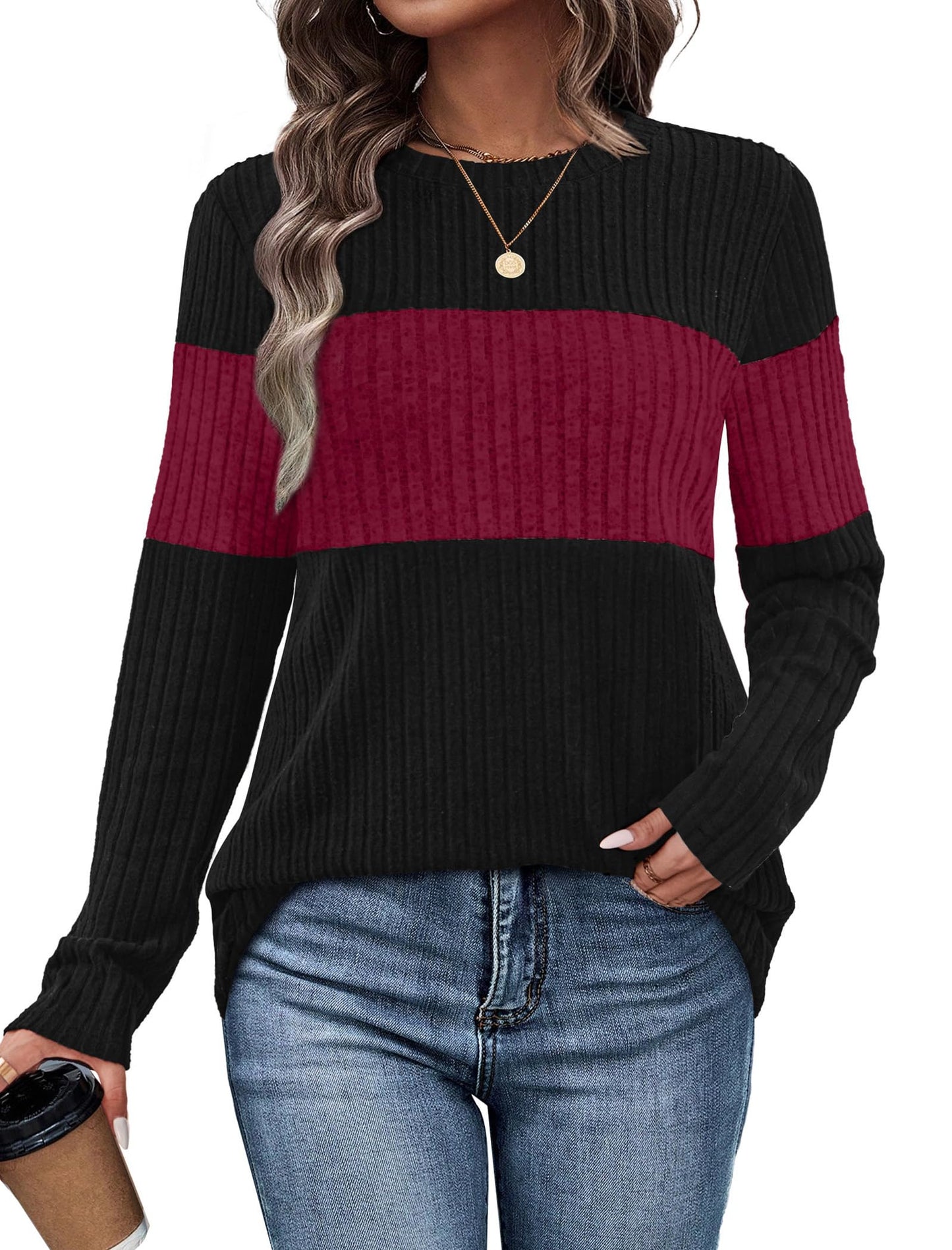 WIHOLL Womens Sweaters Trendy Color Block Tops Long Sleeve Shirts Fall Outfits Early Fall Fashion 2025 Winter Clothing
