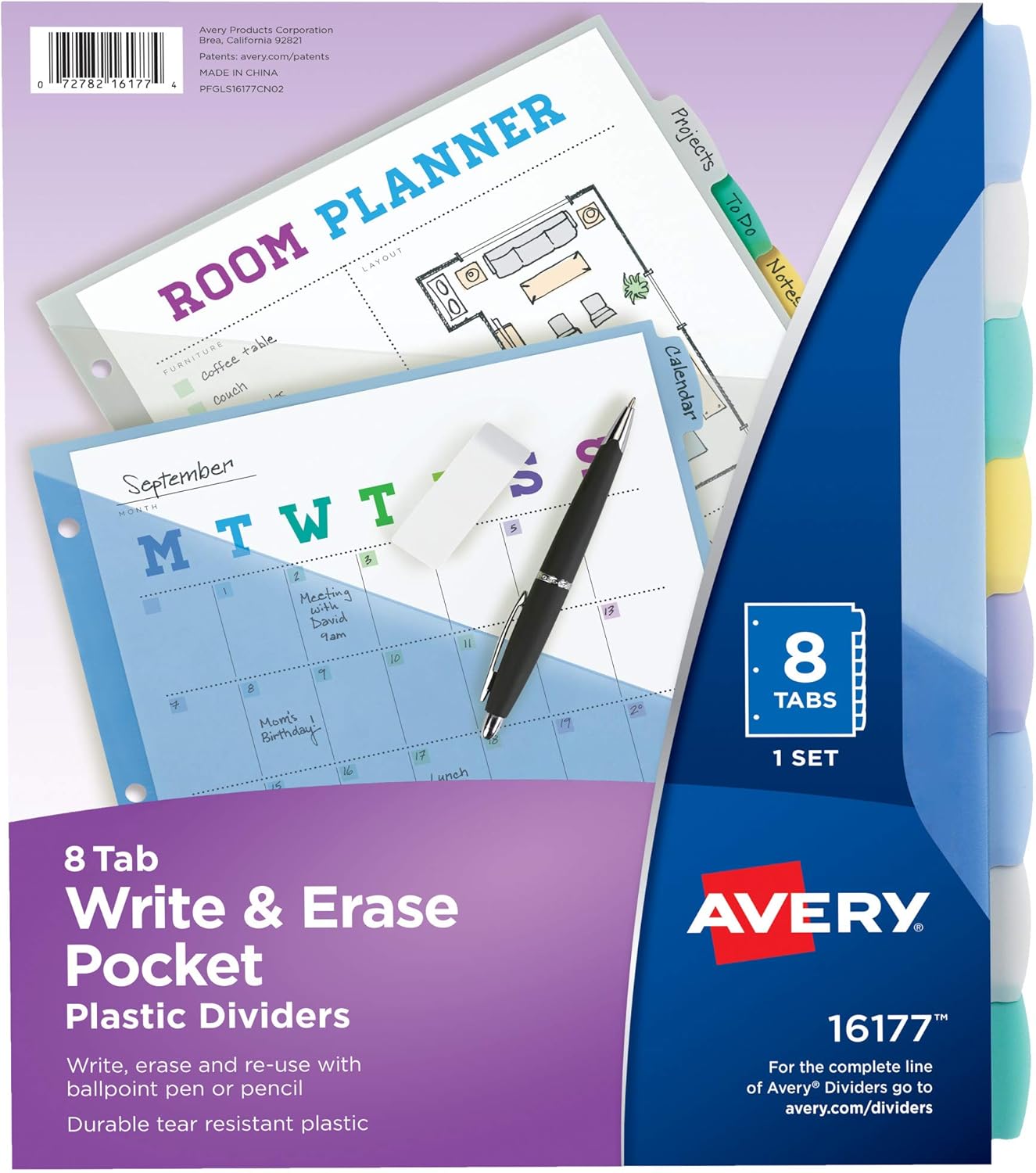 Avery Write & Erase Pocket Plastic Dividers for 3 Ring Binders, 8-Tab Sets, Multicolor, Tabs Viewable Beyond Sheet Protectors, 1 Set (16177)