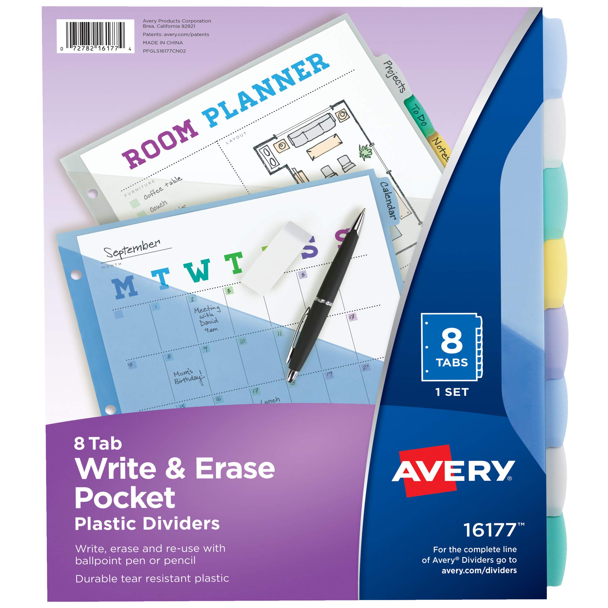 Avery Write & Erase Pocket Plastic Dividers for 3 Ring Binders, 8-Tab Sets, Multicolor, Tabs Viewable Beyond Sheet Protectors, 1 Set (16177)