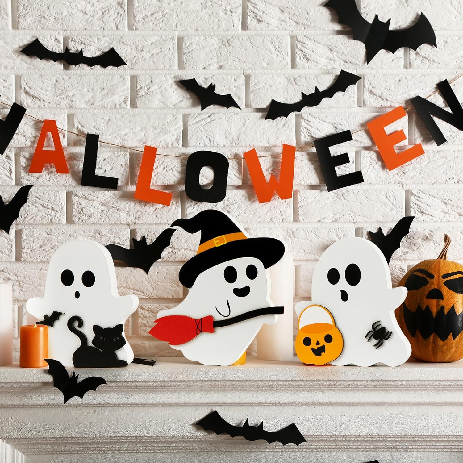 COCHIE Cute Ghost Halloween Decorations Indoor, Wooden Tiered Tray Decor Table Sign Set of 3, Black Cat Bat Witch Broom Signs Pumpkin Blocks for Party Home Shelf Display (A-Ghost)