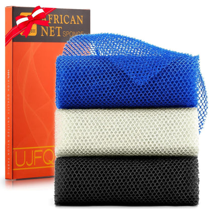 UJFQBH 3 Pieces African Bath Sponge African Net Long Net Bath Sponge Exfoliating Shower Body Scrubber Back Scrubber Skin Smoother,Great for Daily Use (Pink,Yellow,Purple)