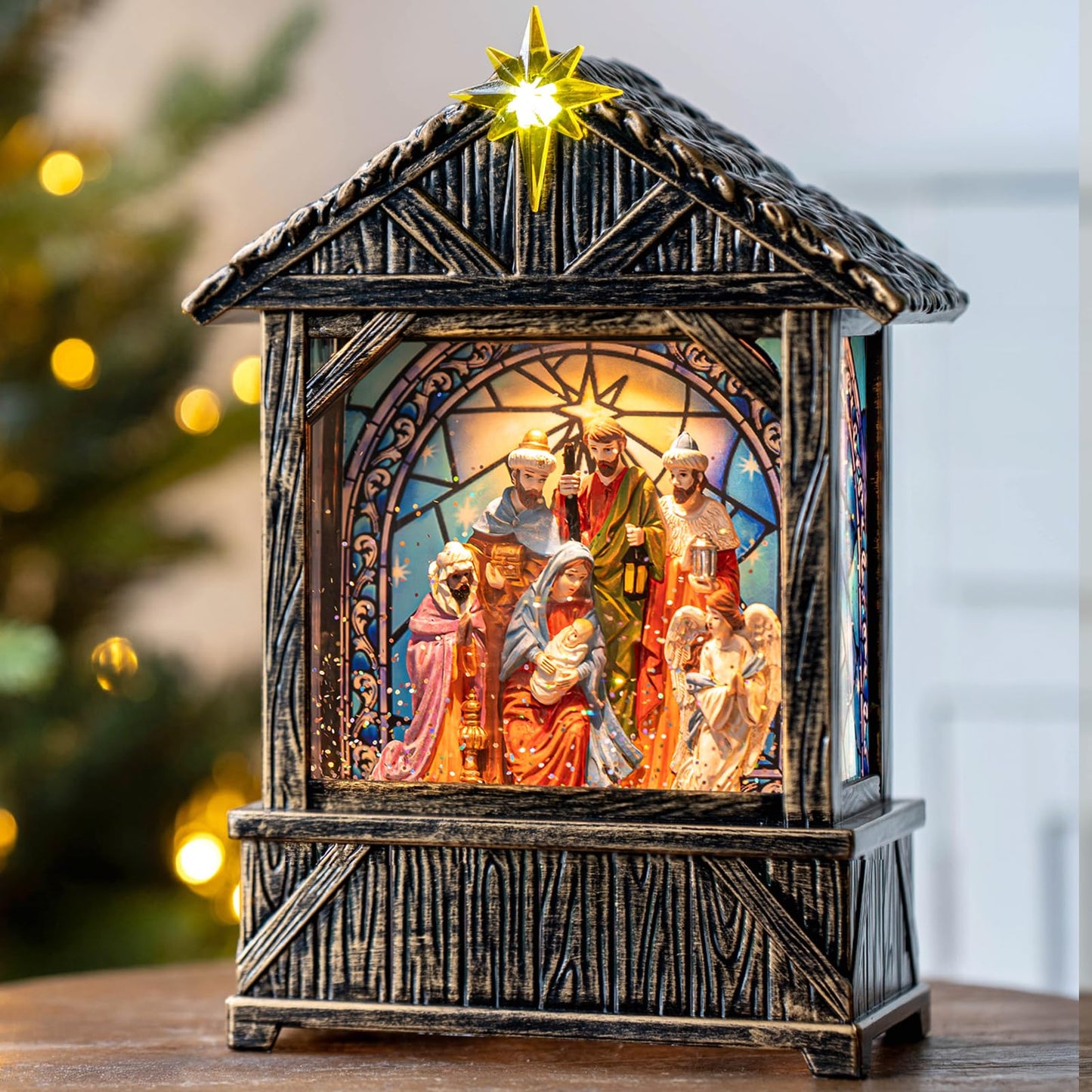 Christmas Snow Globe Swirling Glittering Nativity Scene with Music, USB Lined/Battery Operated Lighted Water Lantern for Christmas Festival Decoration Gifts