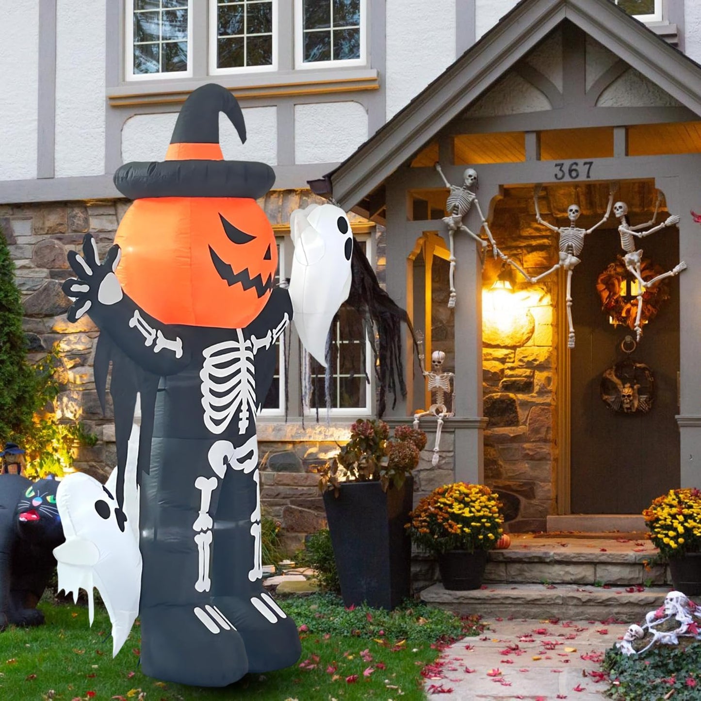 LANGXUN 8ft Skeleton Pumpkin with Ghosts 2025 Halloween Inflatable Decorations - Giant LED-Lit Outdoor Indoor Yard Decor for Lawn, Garden, Patio Holiday Parties
