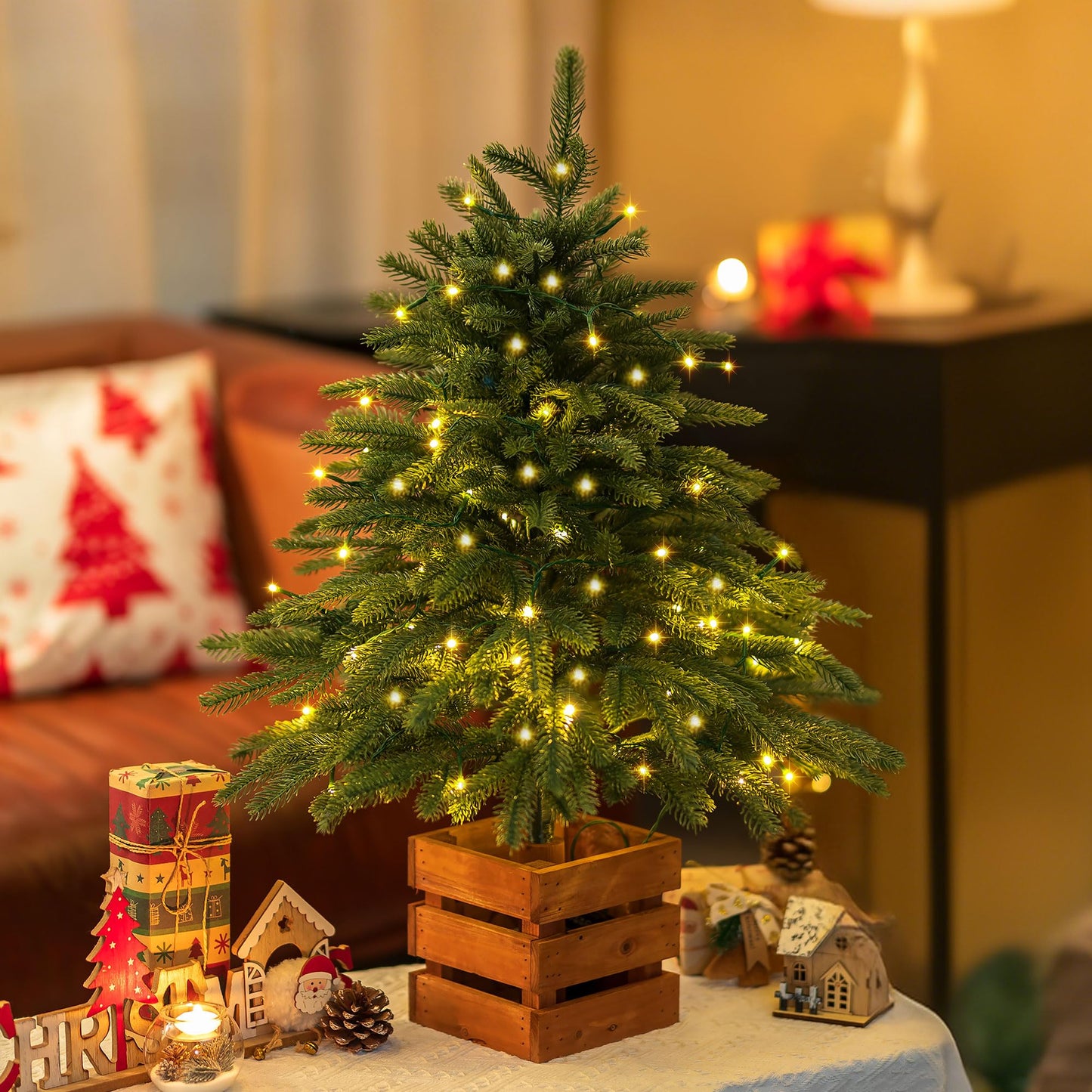 BLOSMON Outdoor Christmas Trees for Porch: 4 Ft Norfolk Pine Tree with 100 LED Lights Remote Control Timer 8 Lighting Modes - Small Artificial Cypress Trees Indoor Table Top Decor