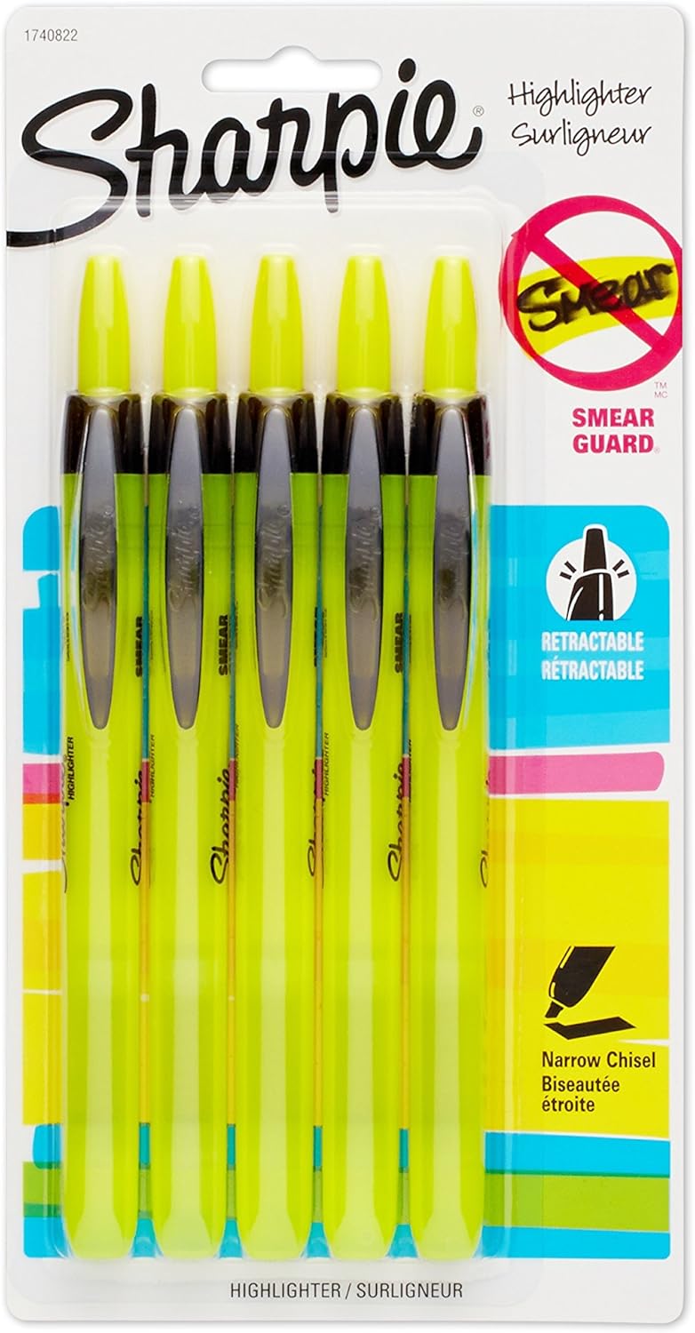 SHARPIE 1740822 Accent Retractable Highlighter, Chisel Tip, Fluorescent Yellow, 5-Count
