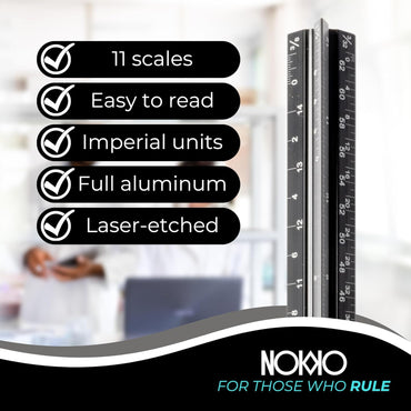 NOKKO 12 Inch Architectural Scale Ruler - Imperial Measurements, Professional Aluminum Drafting Tools for Architects, Engineers, Interior Designers, Students, and DIY Projects - Architecture Supplies