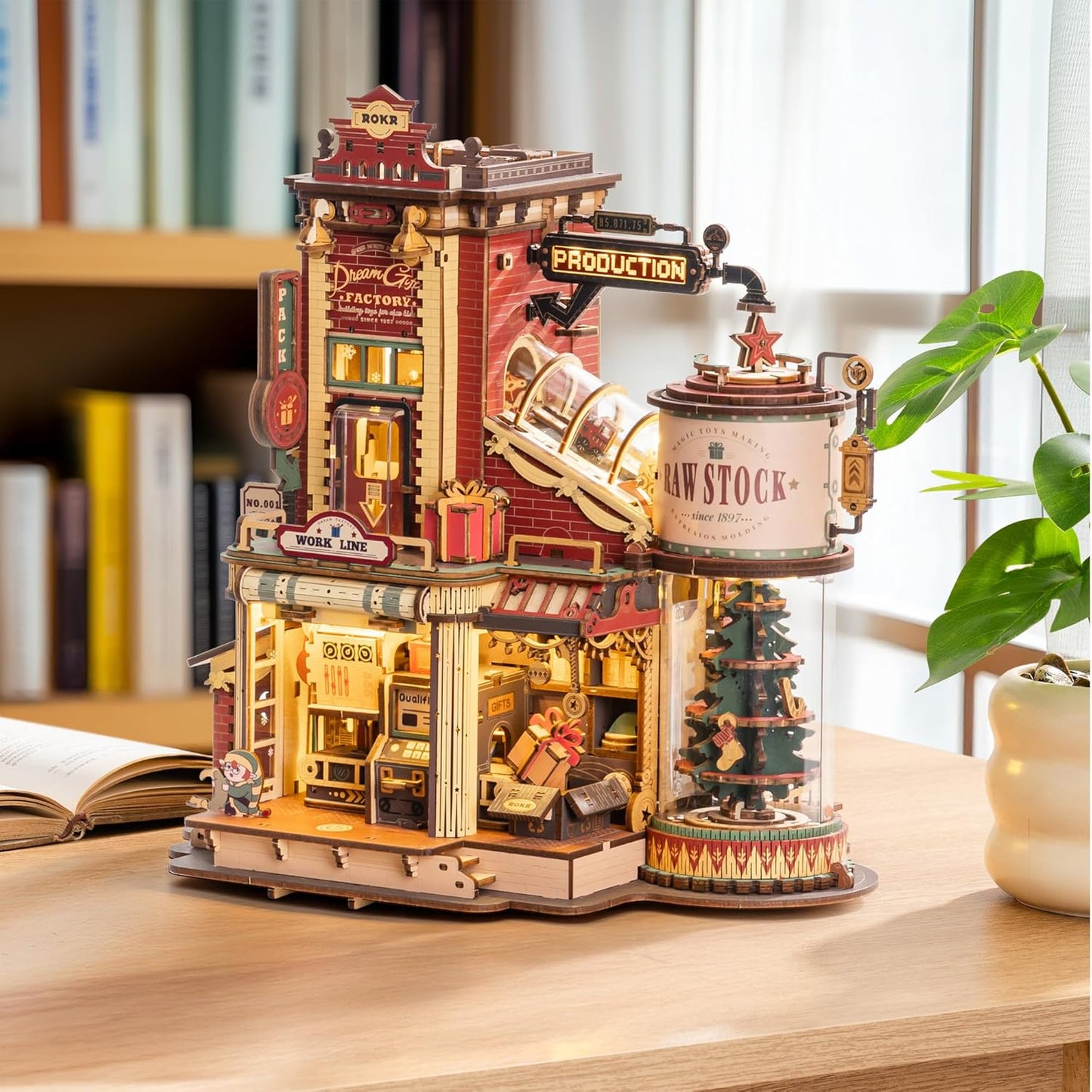 ROKR 3D Puzzle for Adults Christmas Style Dream Gift Factory Wooden Model Kit Luminous Factory DIY Dollhouse Kit Building with Music, Lights and 5 Elves for Adults