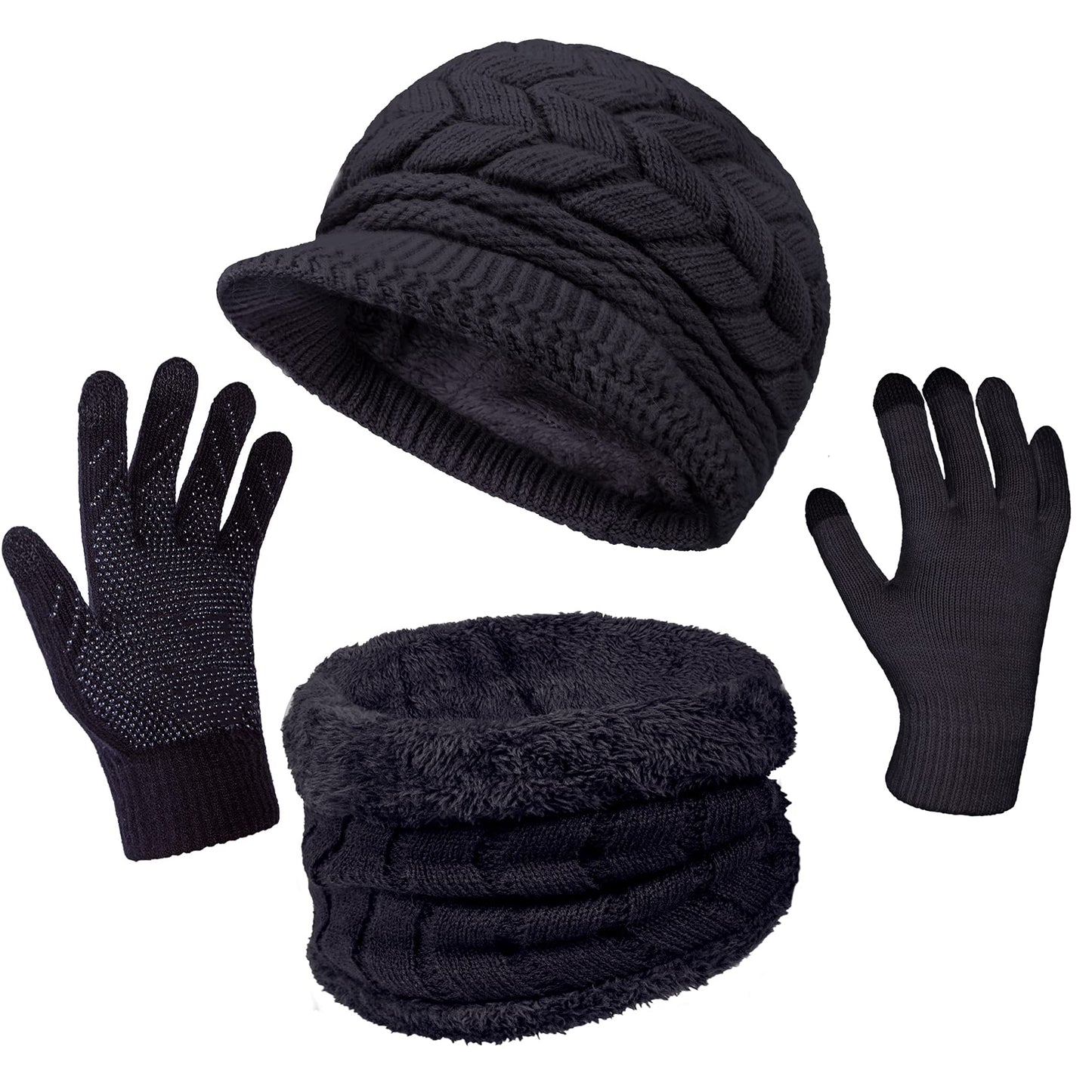 3-Pieces Winter Hat Gloves Scarf Set, Knit Warm Beanie Hat Neck Warmer Touch Screen Mittens for Women