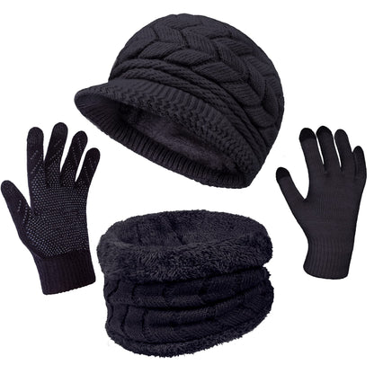 3-Pieces Winter Hat Gloves Scarf Set, Knit Warm Beanie Hat Neck Warmer Touch Screen Mittens for Women