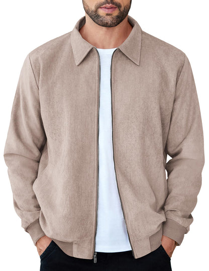 COOFANDY Men's Casual Suede Bomber Jacket Lightweight Full Zip Up Jackets Vintage Faux Leather Jacket