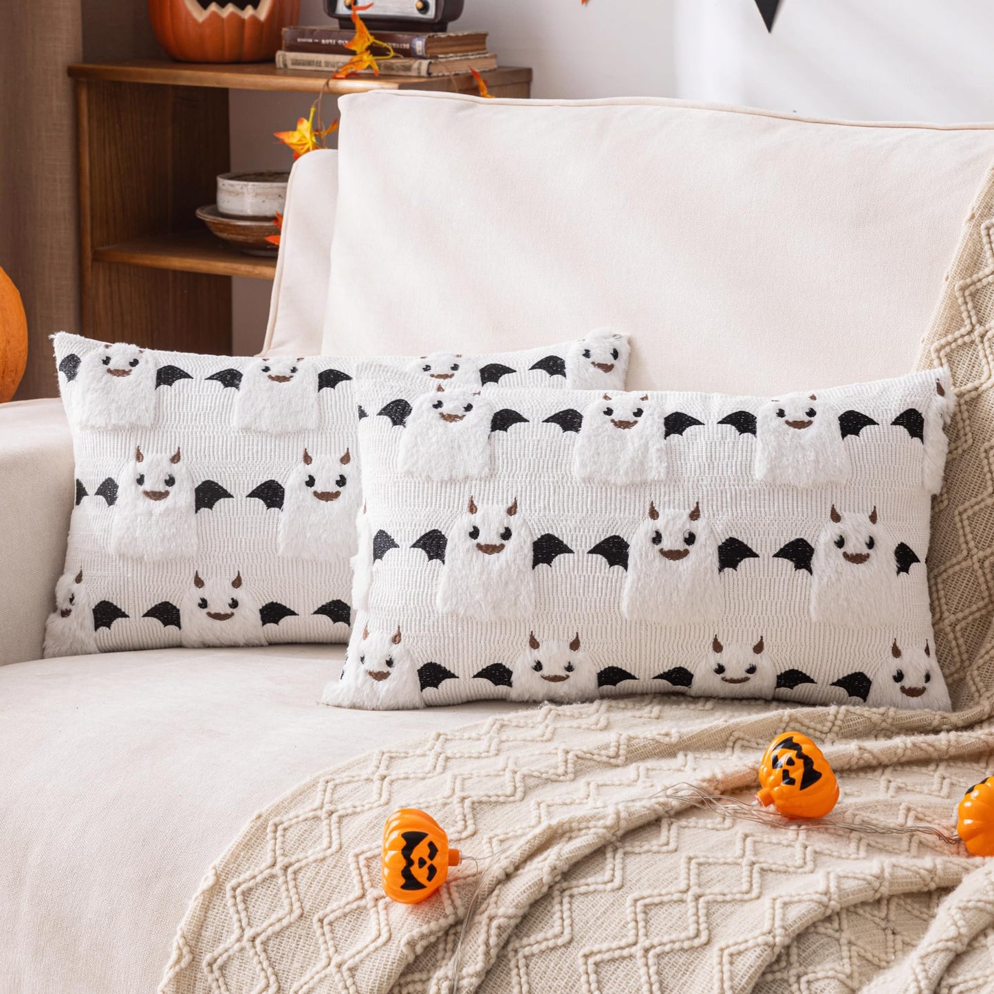 AQOTHES Halloween White Smile Ghost Throw Pillow Covers 18x18 inch Set of 2, Cute Skeleton Pillowcases Holiday Cushions Covers for Halloween Decorations Indoor Home Sofa Couch