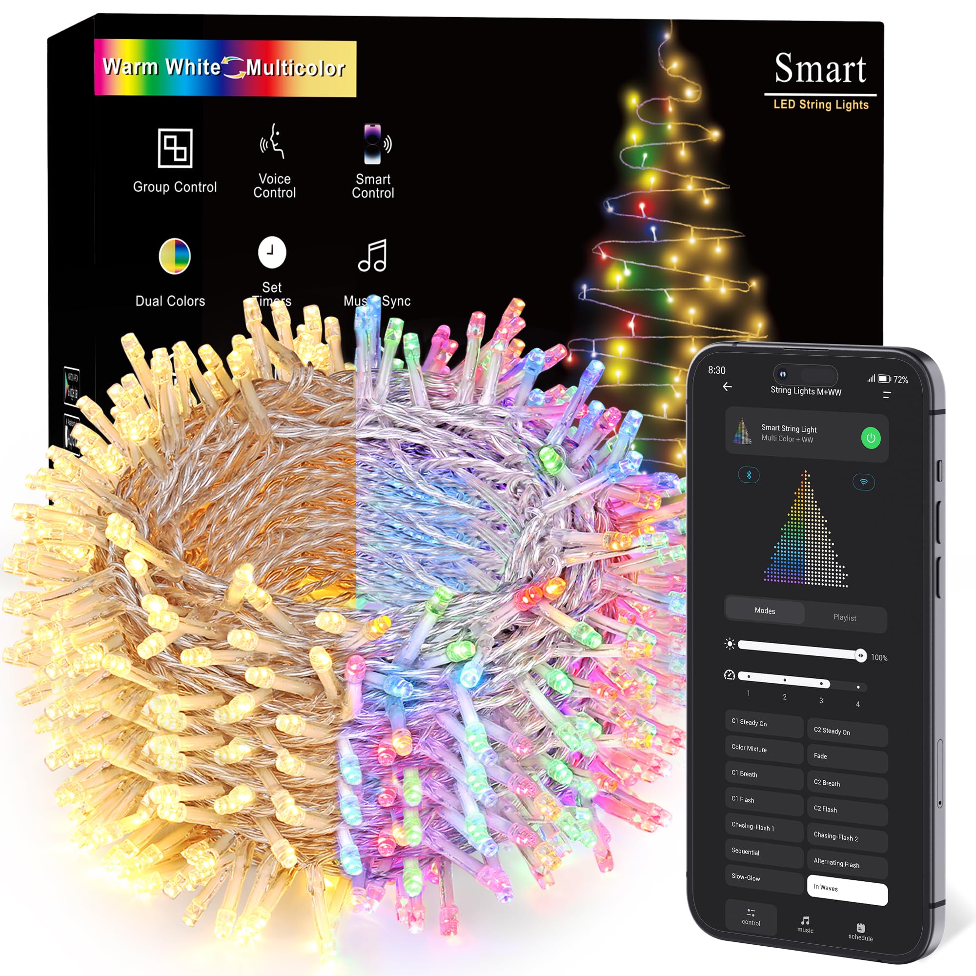 BrizLabs Smart Christmas Lights, 180FT 500 LED Color Changing Christmas Lights with App/Voice Control, Dimmable Warm White & Multicolor Mini Light String, Decorative Xmas Light for Indoor Outdoor Tree