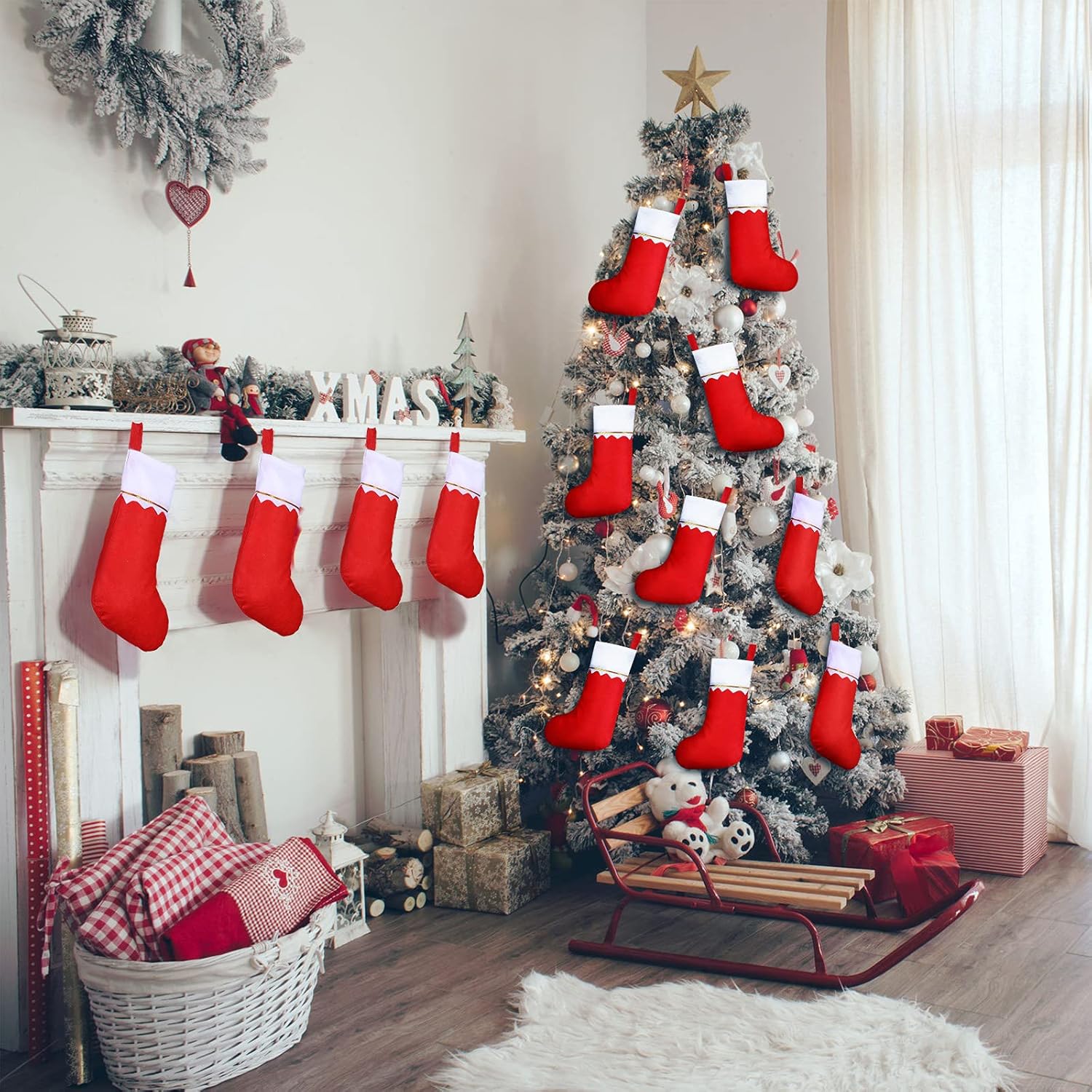 Sumind 100 Pieces Felt Christmas Stockings 15 Inch Party Favors Stockings Xmas Decoration Stocking Rustic Santa Stocking for Christmas(Red with White Trim)