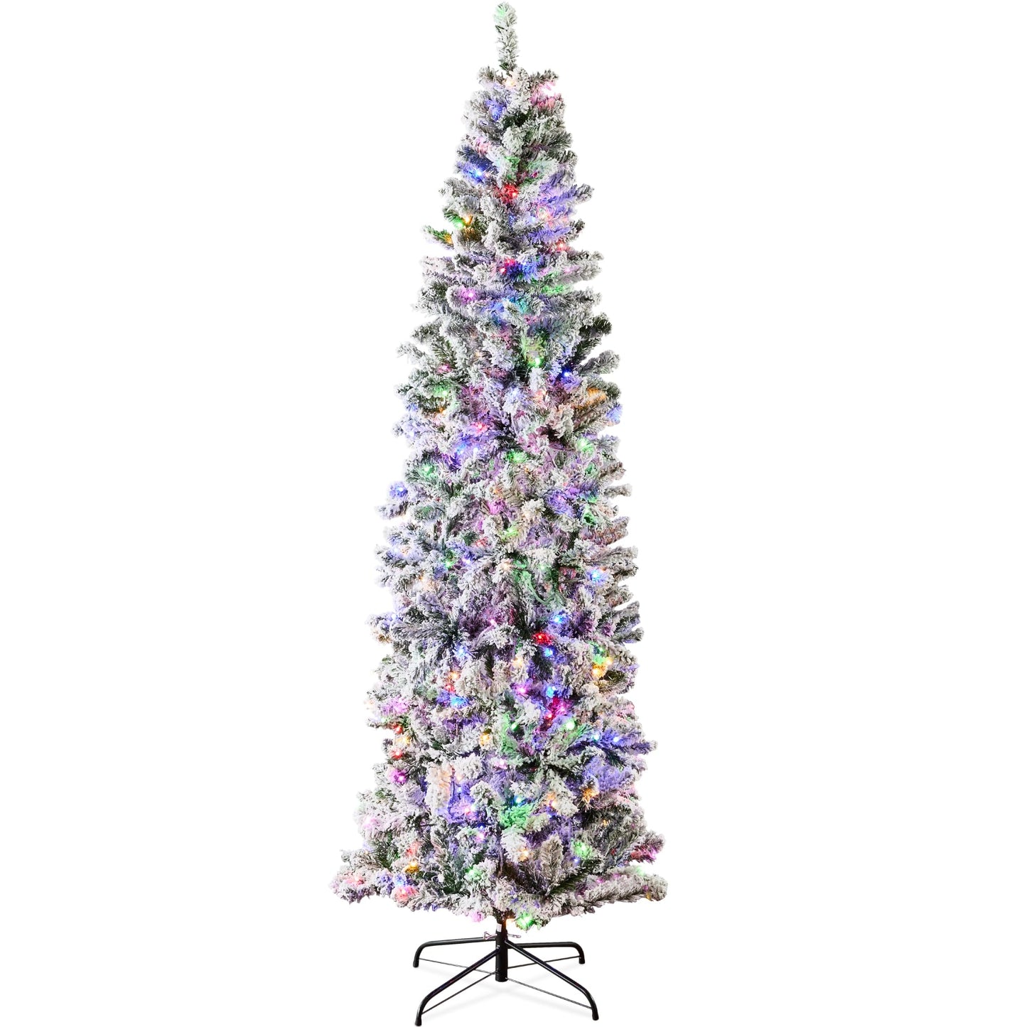 Best Choice Products Flocked Pencil Christmas Tree, Pre-Lit Slim Artificial Holiday Decoration, 7.5ft Lighted Skinny w/Base, Warm White Lights