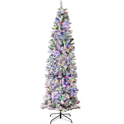 Best Choice Products Flocked Pencil Christmas Tree, Pre-Lit Slim Artificial Holiday Decoration, 7.5ft Lighted Skinny w/Base, Warm White Lights