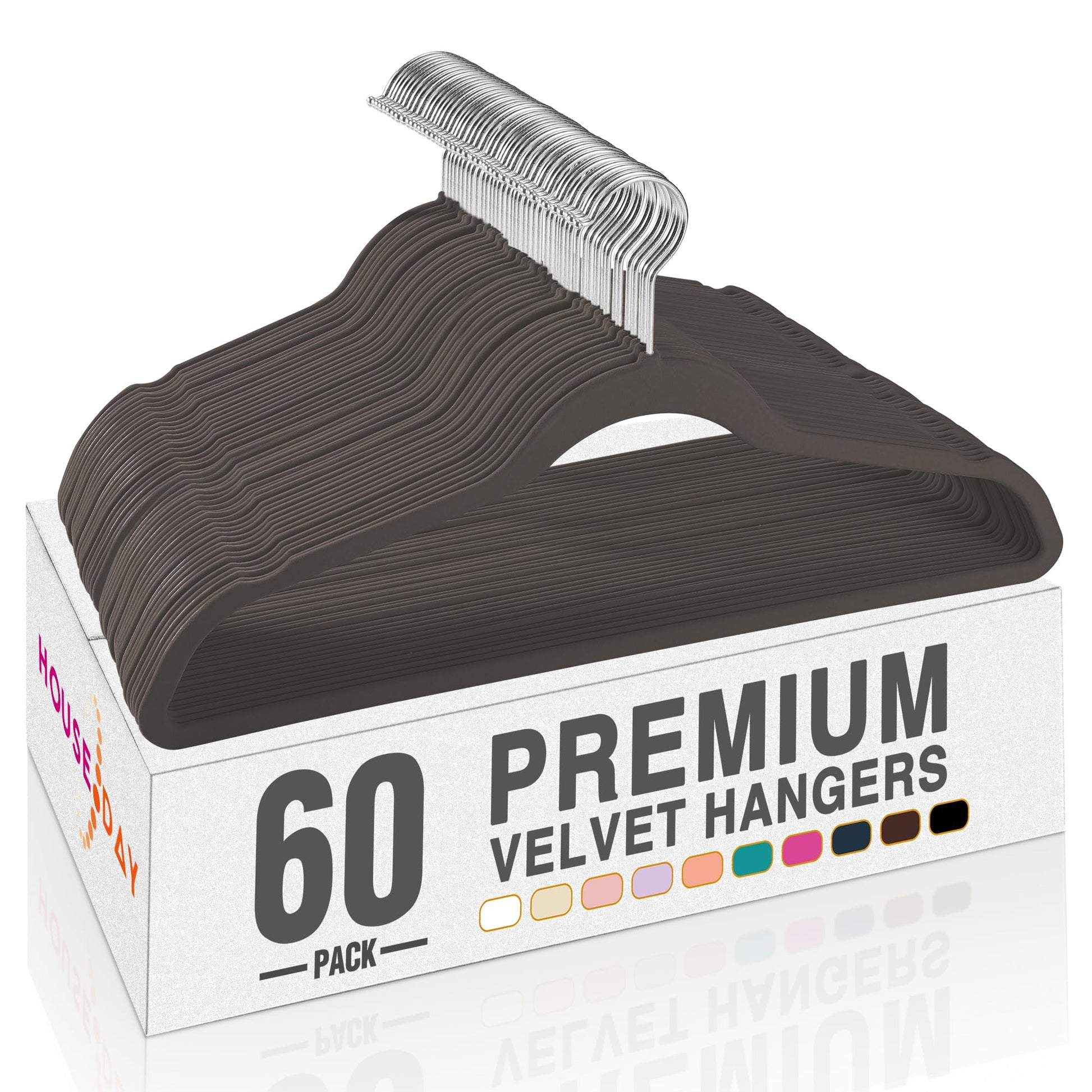 HOUSE DAY Black Velvet Hangers 60 Pack, Non Slip Clothes Felt Hanger Heavy Duty for Coat, Premium Slim Space Saving Suit Hangers for Closet Organizer, 360° Rotating Silver Hook
