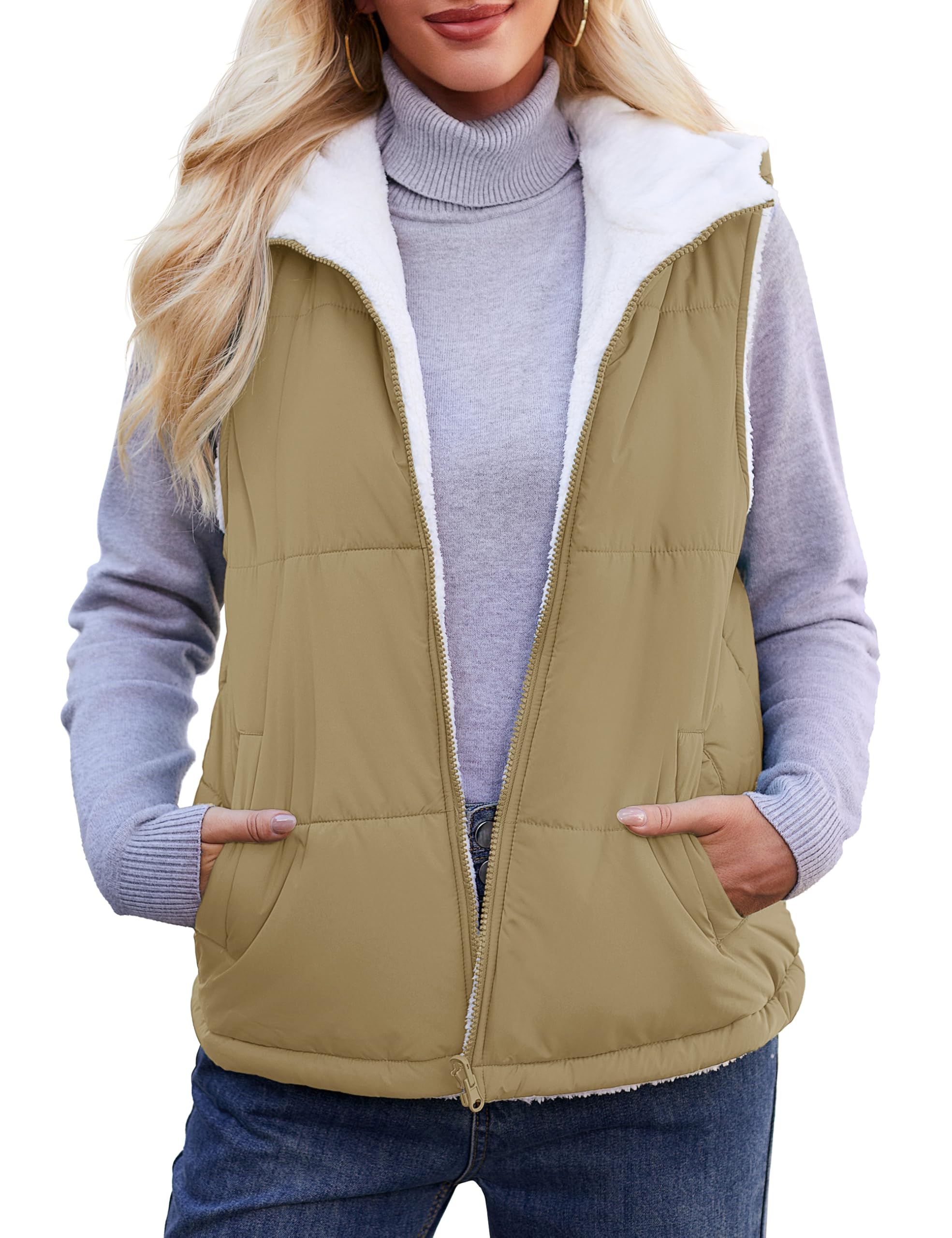 YUCOLEN Womens Puffer Vest Reversible Hooded Fleece Coat Quilted Zip Up Sleeveless Jacket Winter Outerwear with Pockets