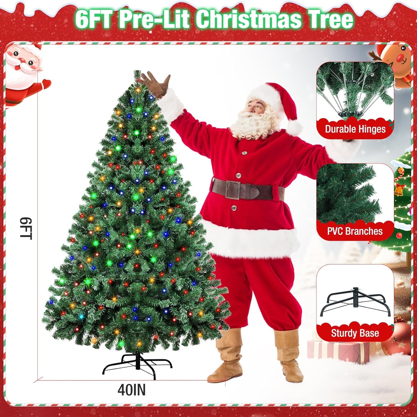 Prelit Christmas Tree 6ft with Remote Control, 8 Light-Modes Artificial Christmas Trees with Lights, Xmas Tree with 1000 Thick Branch Tips & 250 Lights, Easy Assembly Holiday Décor for Home