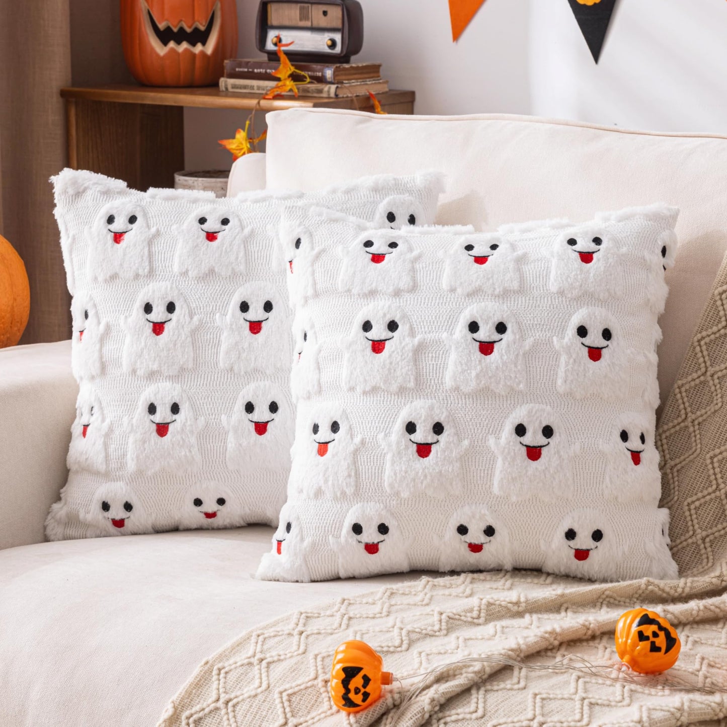 AQOTHES Halloween White Smile Ghost Throw Pillow Covers 18x18 inch Set of 2, Cute Skeleton Pillowcases Holiday Cushions Covers for Halloween Decorations Indoor Home Sofa Couch