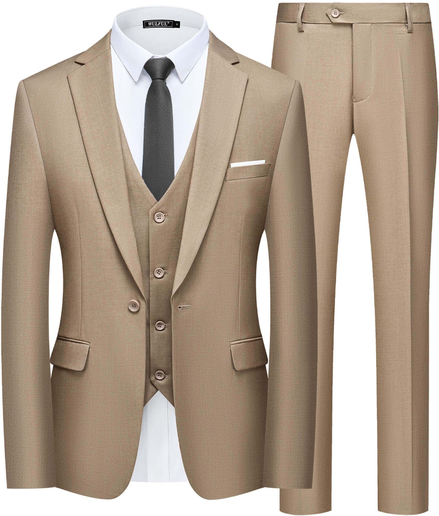 WULFUL Men’s Slim Fit Suit One Button 3-Piece Blazer Dress Business Wedding Party Jacket Vest & Pant