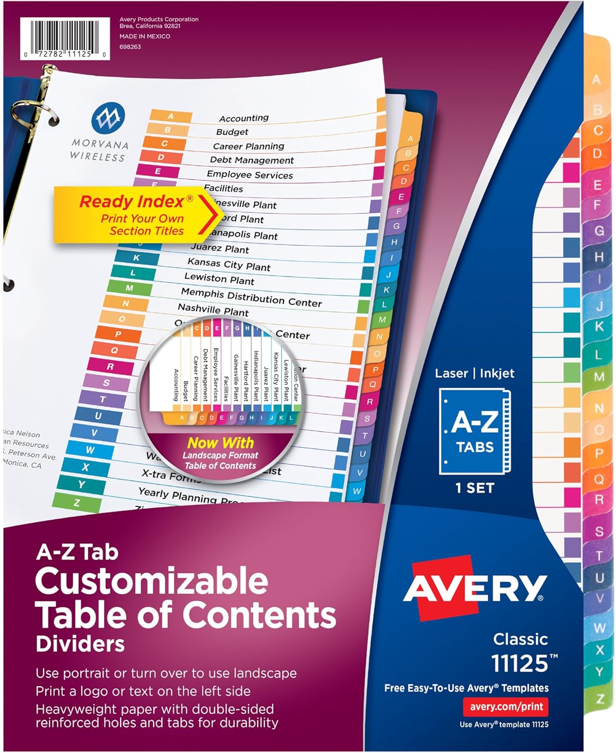 Avery A-Z Tab Dividers for 3 Ring Binder, Customizable Table of Contents, Multicolor, 1 Set (11125)