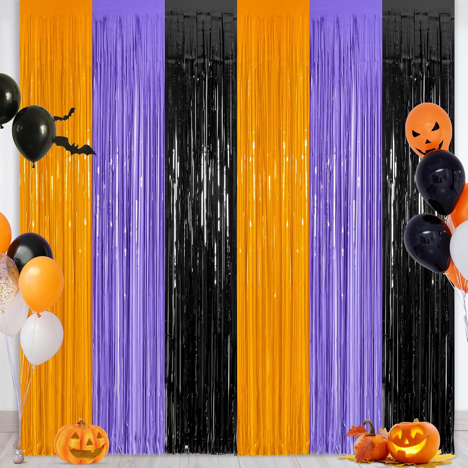 2 Pack Halloween Backdrop, 3.28 FT x 7.05 FT Foil Fringe Curtains, Orange Purple Black Party Streamer Tinsel Backdrop Curtains, Halloween Decorations Door Decor Photo Props Party Supplies