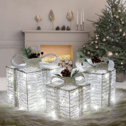 Set of 3 Christmas Lighted Gift Boxes, Pre-lit 60LED Light Up Present Boxes Ornament Outdoor, Boxes with Gold Snowflake, Battery Operated Christmas Decorations for Indoor Home, Party, Lawn Decor