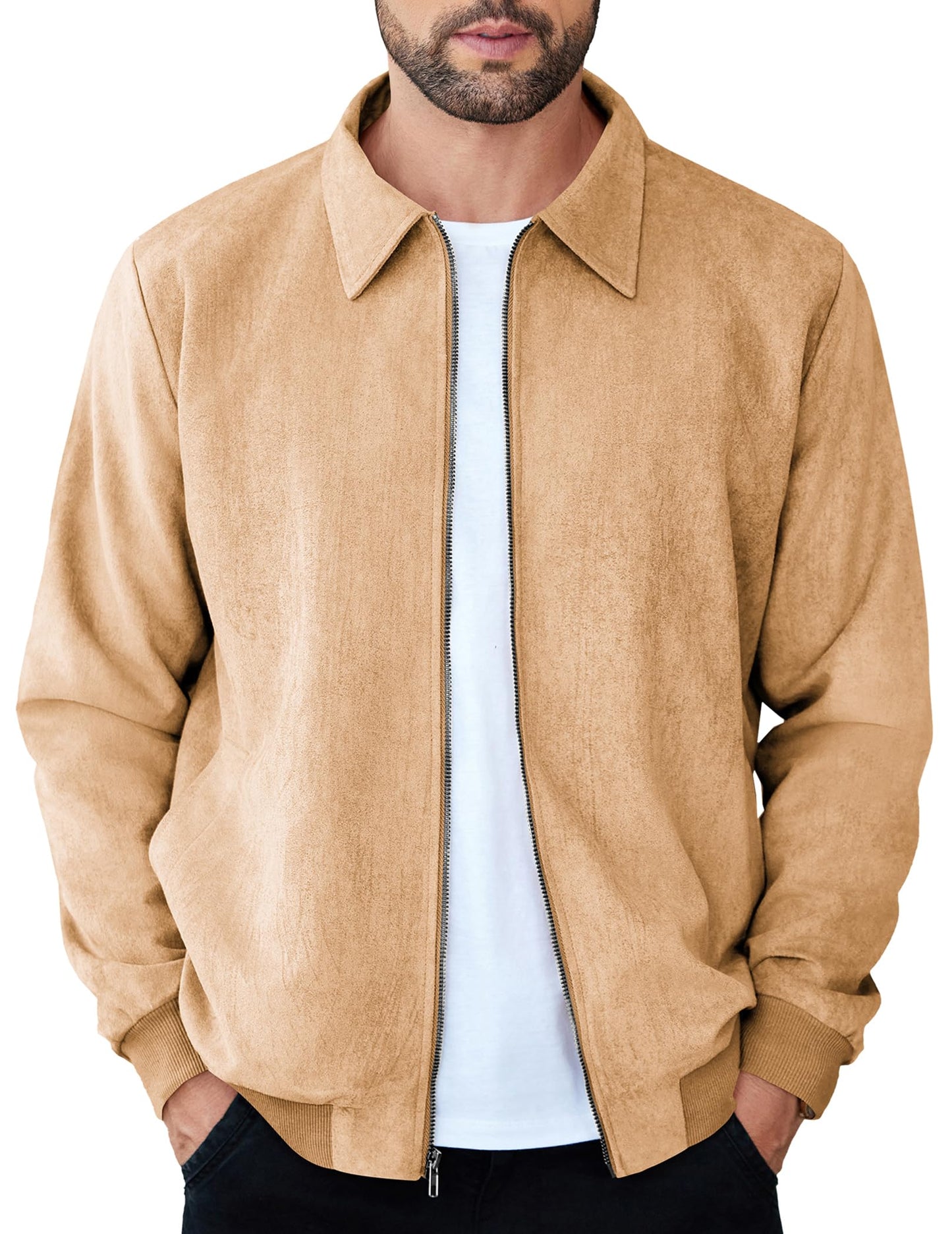 COOFANDY Men's Casual Suede Bomber Jacket Lightweight Full Zip Up Jackets Vintage Faux Leather Jacket