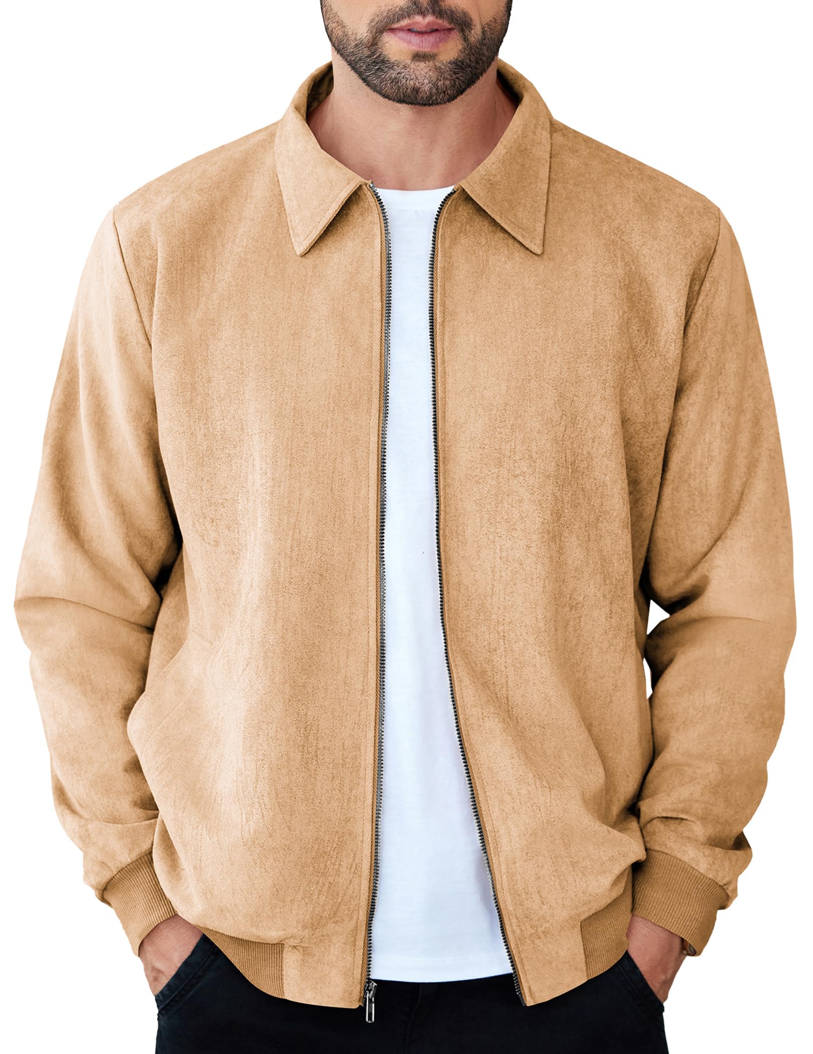 COOFANDY Men's Casual Suede Bomber Jacket Lightweight Full Zip Up Jackets Vintage Faux Leather Jacket