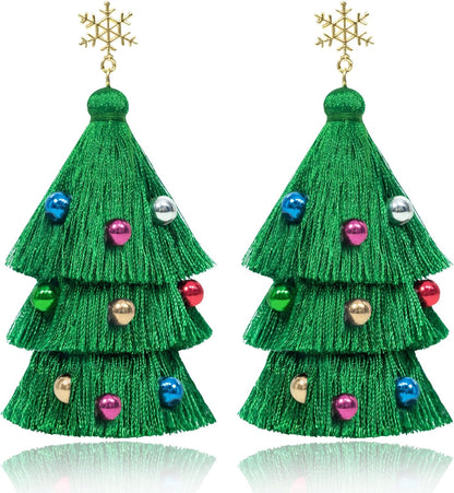 Christmas Earrings for Women Xmas Festival Holiday Dangle Studs Earrings Christmas Tree Tassel Beaded Earring, Xmas Jewelry for Women Holiday Party Fashion Gifts