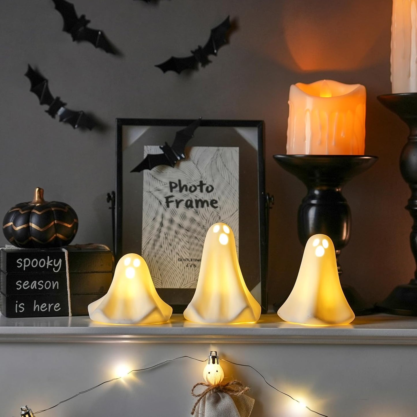 Ceramic Ghost Decor, 3Pcs Light Up Ghosts for Indoor Halloween Decorations, Battery Powered White Mini Ghost Figurines with LED for Spooky Halloween, Home Tabletop Shelf Centerpieces