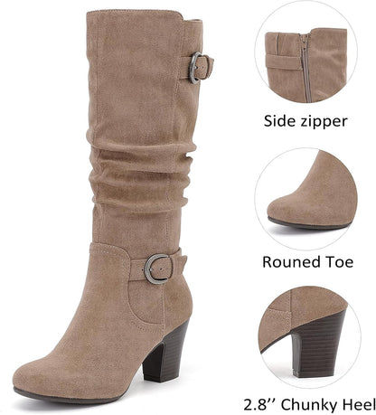 Women's Slouchy Knee High Boots with Chunky Heel, Pointed Toe, Comfortable and Fashionable Fall Winter Boots for Women.
