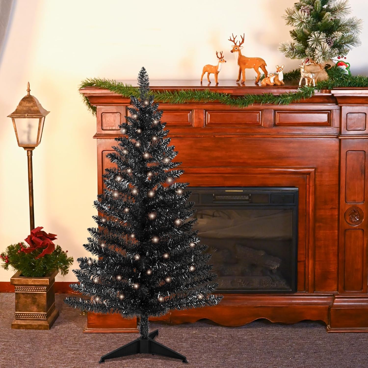 4ft Lighted Artificial Black Christmas Tree, Not Pre-lit Black Tinsel Pine Trees with Lights, Ideal for Ideal for Home, Office, and Xmas Party Décor - Includes Stand