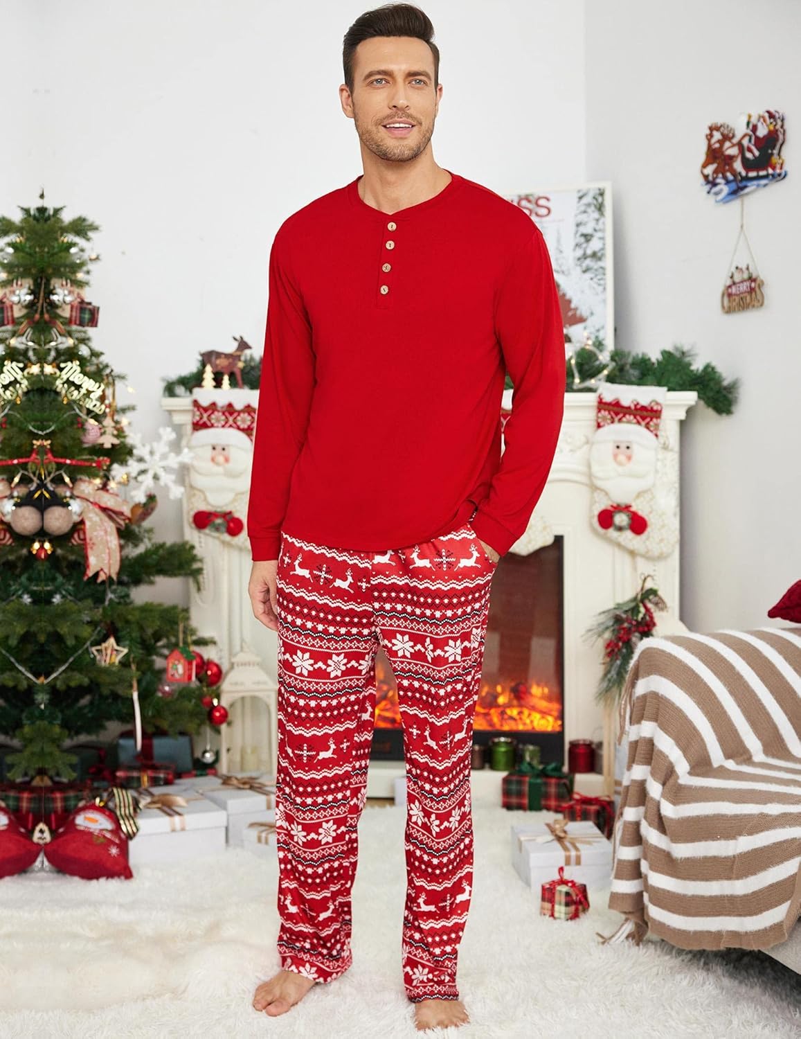 Ekouaer Family Christmas Pajamas Matching Sets Womens Mens Pjs Long Sleeve Sleepwear Holiday Lounge Sets