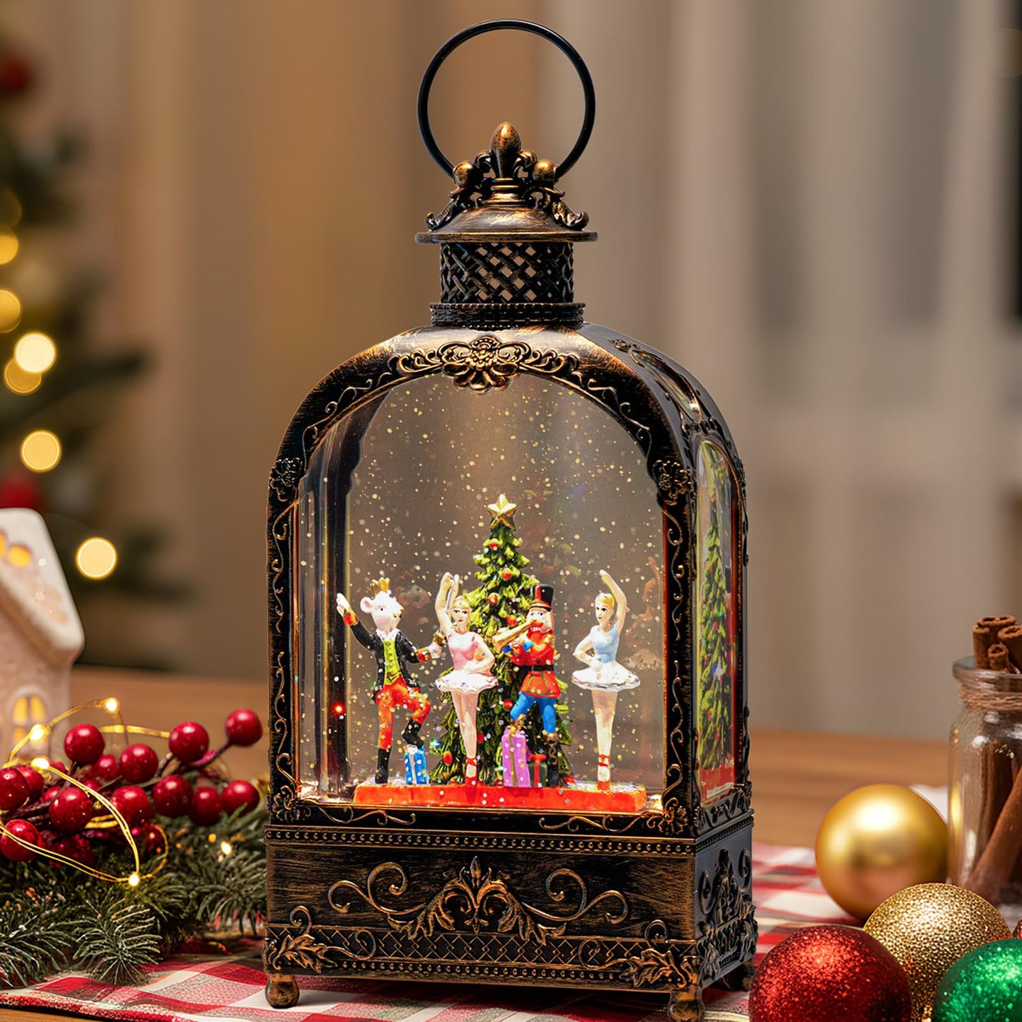 Christmas Snow Globes Christmas Water Lantern with Snowy Train Snowman, Music & 6H Timer, USB Lined/Battery Operated Lighted Lanterns for Xmas Festival Decoration Gifts