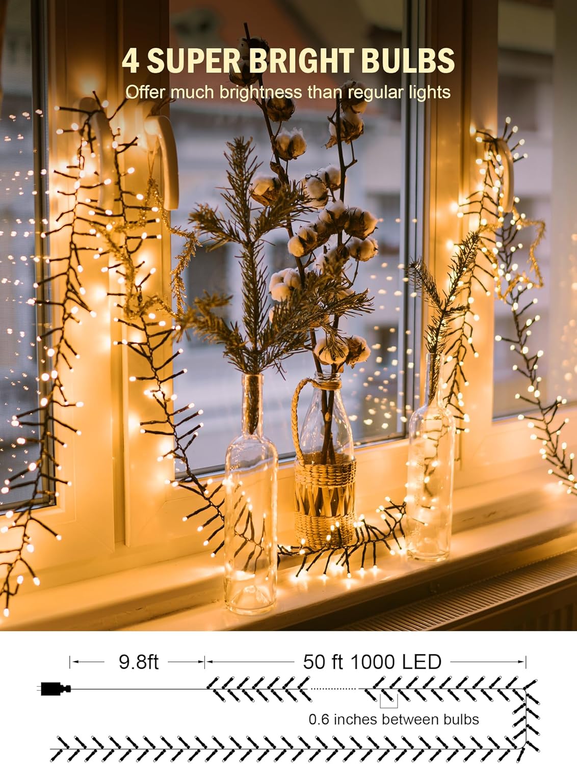 Cluster-Lights-Christmas-Tree-Lights-Outdoor, 1000 LED 50 Ft Christmas Firecrackers String Lights, 12 Modes Timer Remote Waterproof Plug in Twinkle Fairy Lights for Xmas Tree Garland Window Party