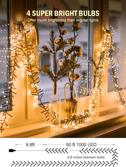 Cluster-Lights-Christmas-Tree-Lights-Outdoor, 1000 LED 50 Ft Christmas Firecrackers String Lights, 12 Modes Timer Remote Waterproof Plug in Twinkle Fairy Lights for Xmas Tree Garland Window Party