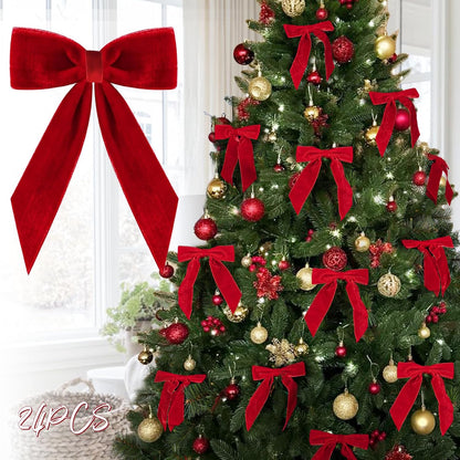 Christmas Decorations - Christmas Bows - 24 Pcs 7 x 6 inch Medium Red Velvet Bows for Christmas Tree - Burgundy Xmas Ribbon Ornaments - Home Decor for Wreath Garland Gift Wrapping Crafts Wedding Party