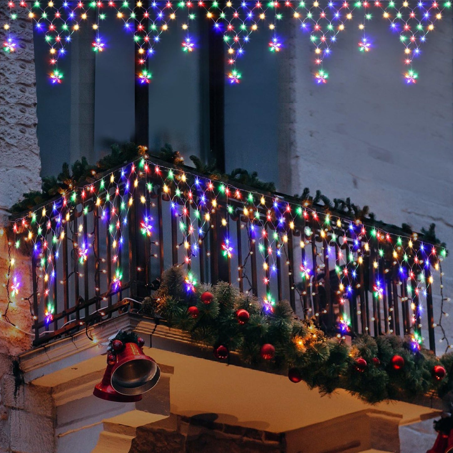 Outdoor Christmas Decorations Lights 13.8ft 200 LED Christmas Lights with 12 Stars,Dimmable Curtain Fairy Light with 8 Modes for Wedding Party Holiday Christmas Decor(White)