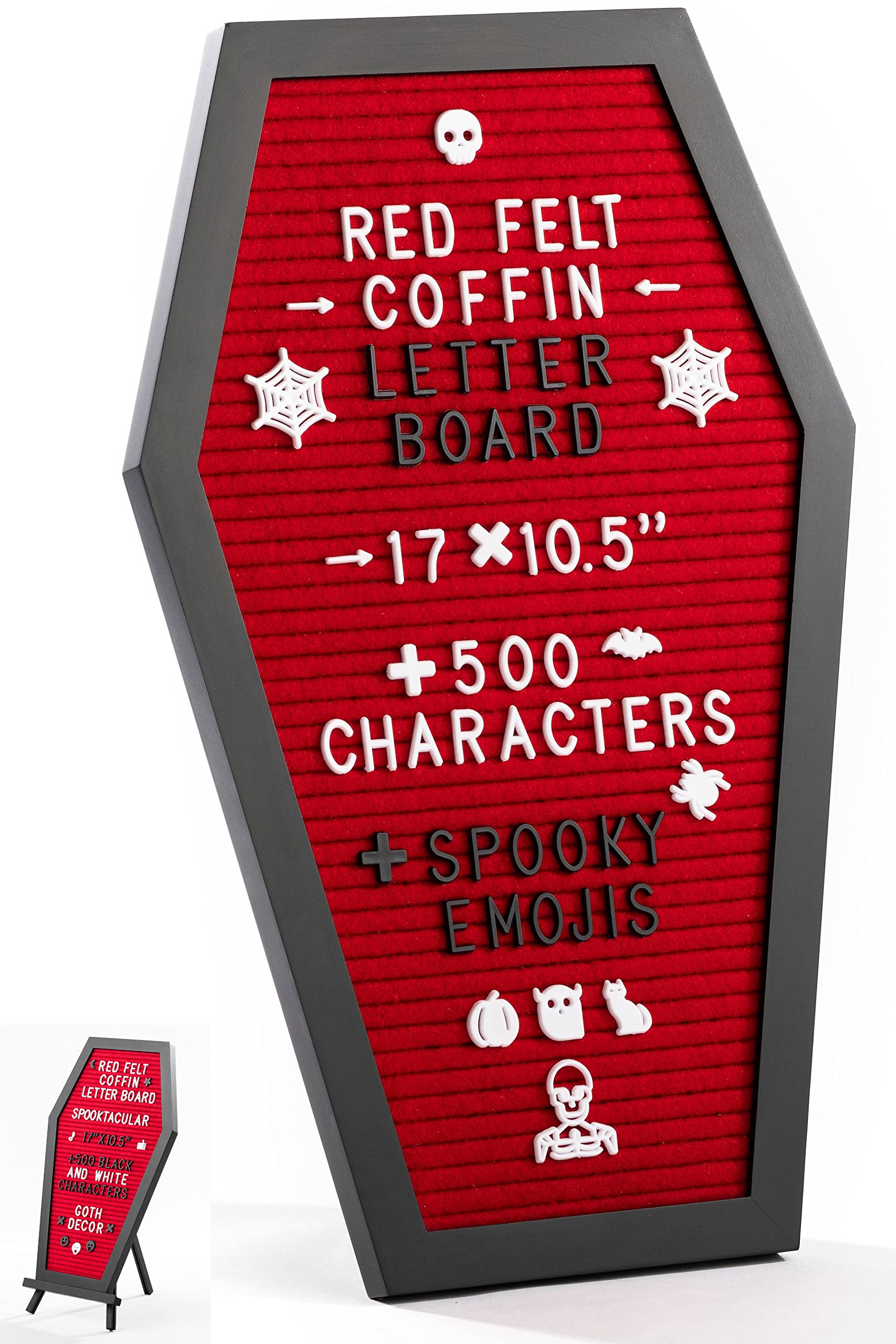 Coffin Letter Board Black +3D Bat Stickers +650 Characters, Spooky & Seasonal Emojis, Wooden Stand - 17x10.5 Inches - Coffin Shaped Goth Decor Sign Witchy Halloween Decorations Gothic Decor Birthday Wedding Home Spooky Gifts