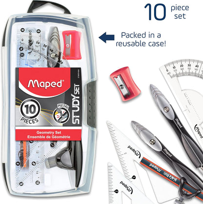 Maped Study Geometry 10 Piece Set - Advanced Student Kit - Precision Tools - Durable & Ergonomic Design - Enhances Creativity - Quality Materials