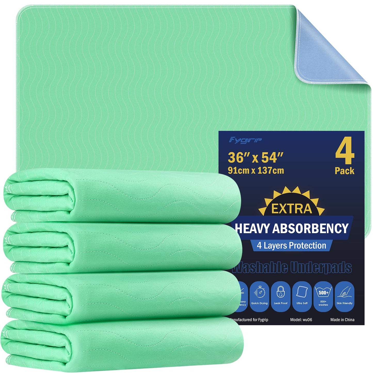 4 Pack 36” x 36” Extra Heavy Absorbency Washable Underpads, Waterproof Quick Drying Nursing Incontinence Reusable Washable Bed Pee Pads for Dogs, Diaper Changing & Adults, Green