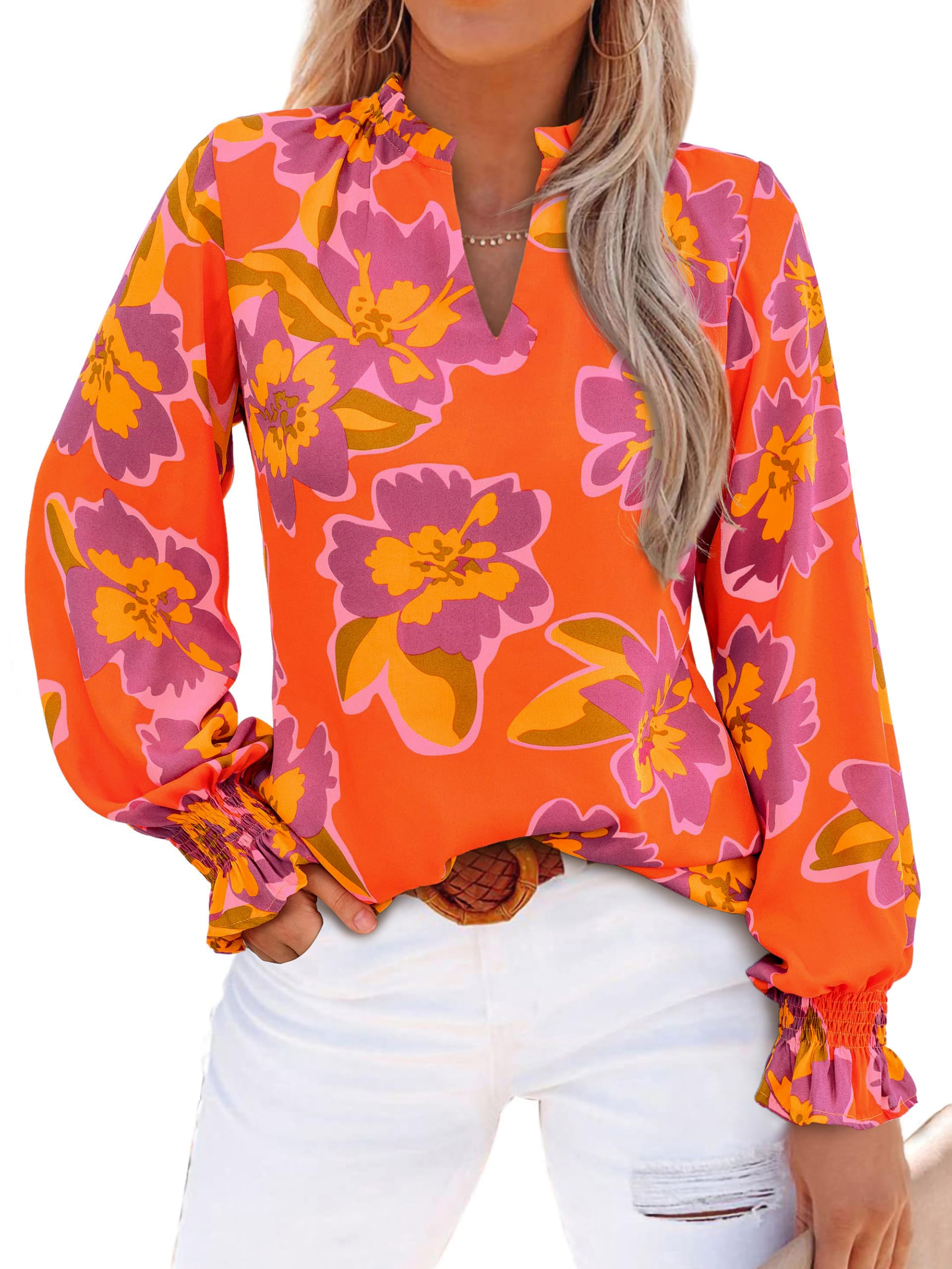 MASCOMODA Womens V Neck Floral Long Sleeve Tops 2025 Summer Casual Loose Puff Sleeve Chiffon Boho Work Blouse Dressy T Shirts