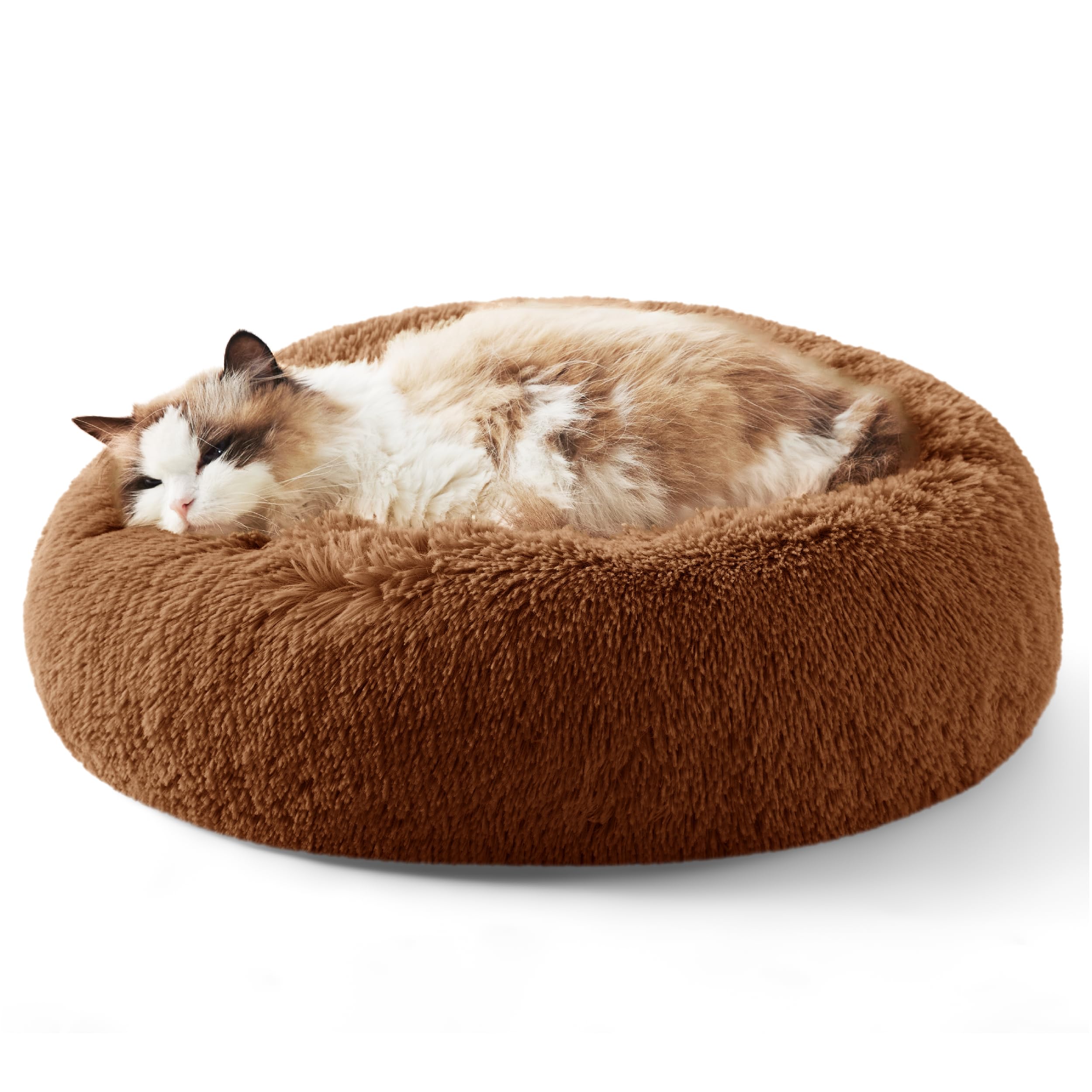 Bedsure Calming Dog Bed for Small Dogs - Donut Washable Small Pet Bed, 23 inches Anti-Slip Round Fluffy Plush Faux Fur Large Cat Bed, Fits up to 25 lbs Pets, Camel