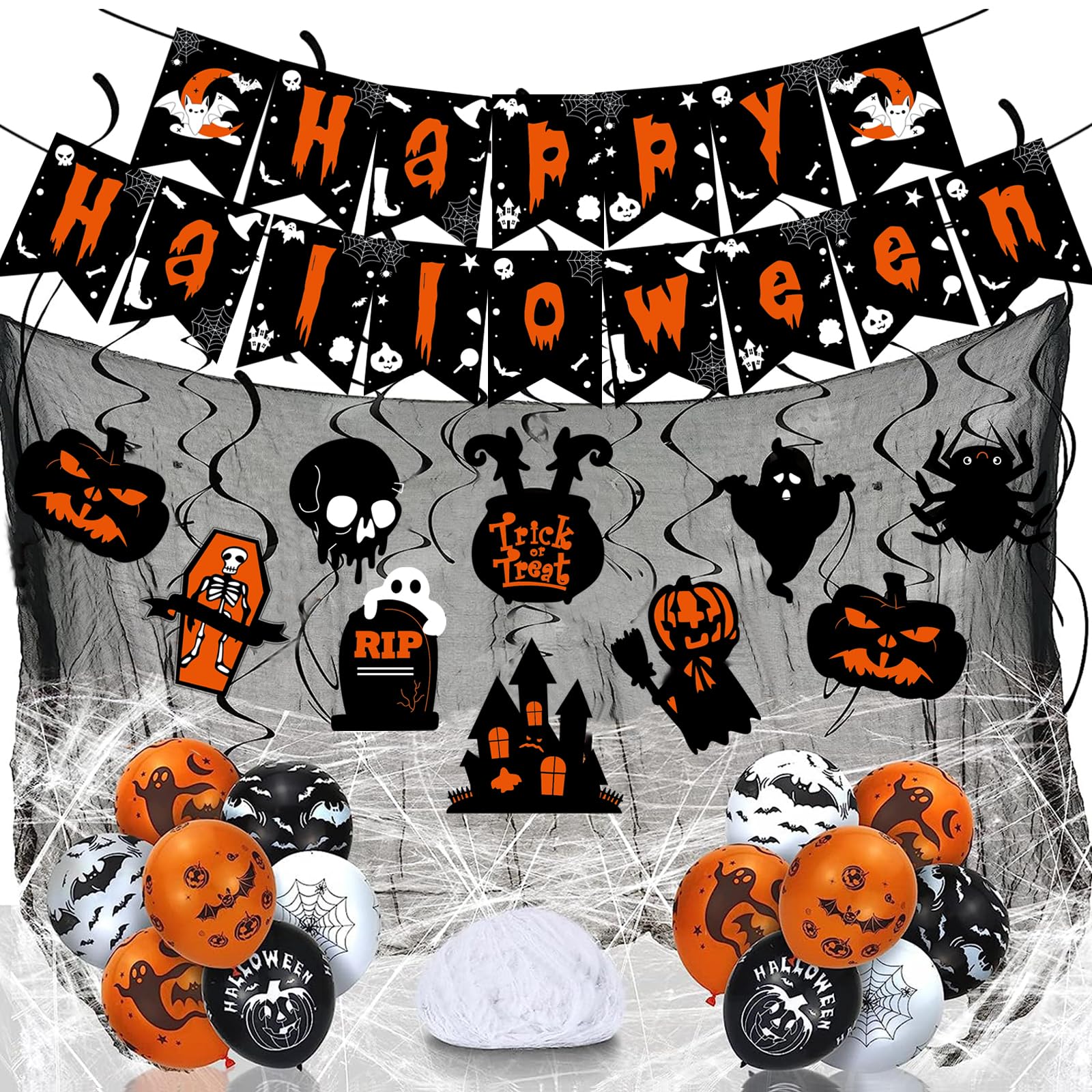 Halloween Decorations Indoor Party Decor, HAPPY HALLOWEEN Accessories with TRICK OR TREAT Banner, 3 PCS Large Garland Bat Ghost Pumpkin, Hanging Party Supplies Backdrop for Home Office Classroom