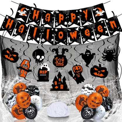 Halloween Decorations Indoor Party Decor, HAPPY HALLOWEEN Accessories with TRICK OR TREAT Banner, 3 PCS Large Garland Bat Ghost Pumpkin, Hanging Party Supplies Backdrop for Home Office Classroom