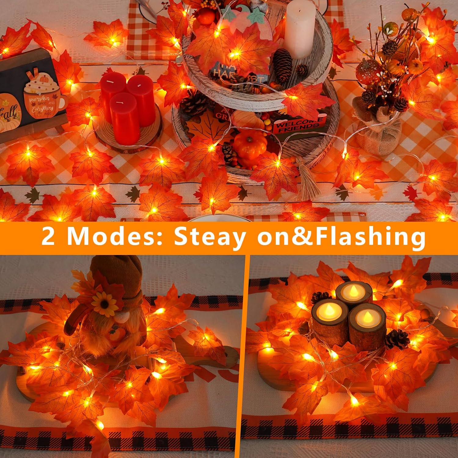 YEGUO 2 Packs Thanksgiving Decorations for Home, Fall Lights Battery Operated, Total 20ft 40 LED Lighted Fall Garland Maple Leaves for Holiday Autumn Harvest Fall Thanksgiving Halloween Decor