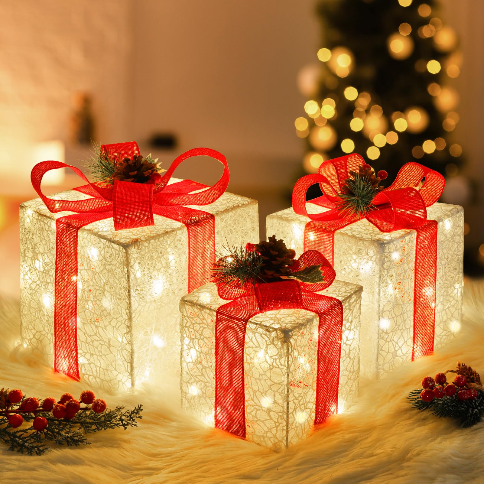 Set of 3 Christmas Lighted Gift Boxes, Pre-lit 60LED Light Up Present Boxes Ornament Outdoor, Boxes with Gold Snowflake, Battery Operated Christmas Decorations for Indoor Home, Party, Lawn Decor