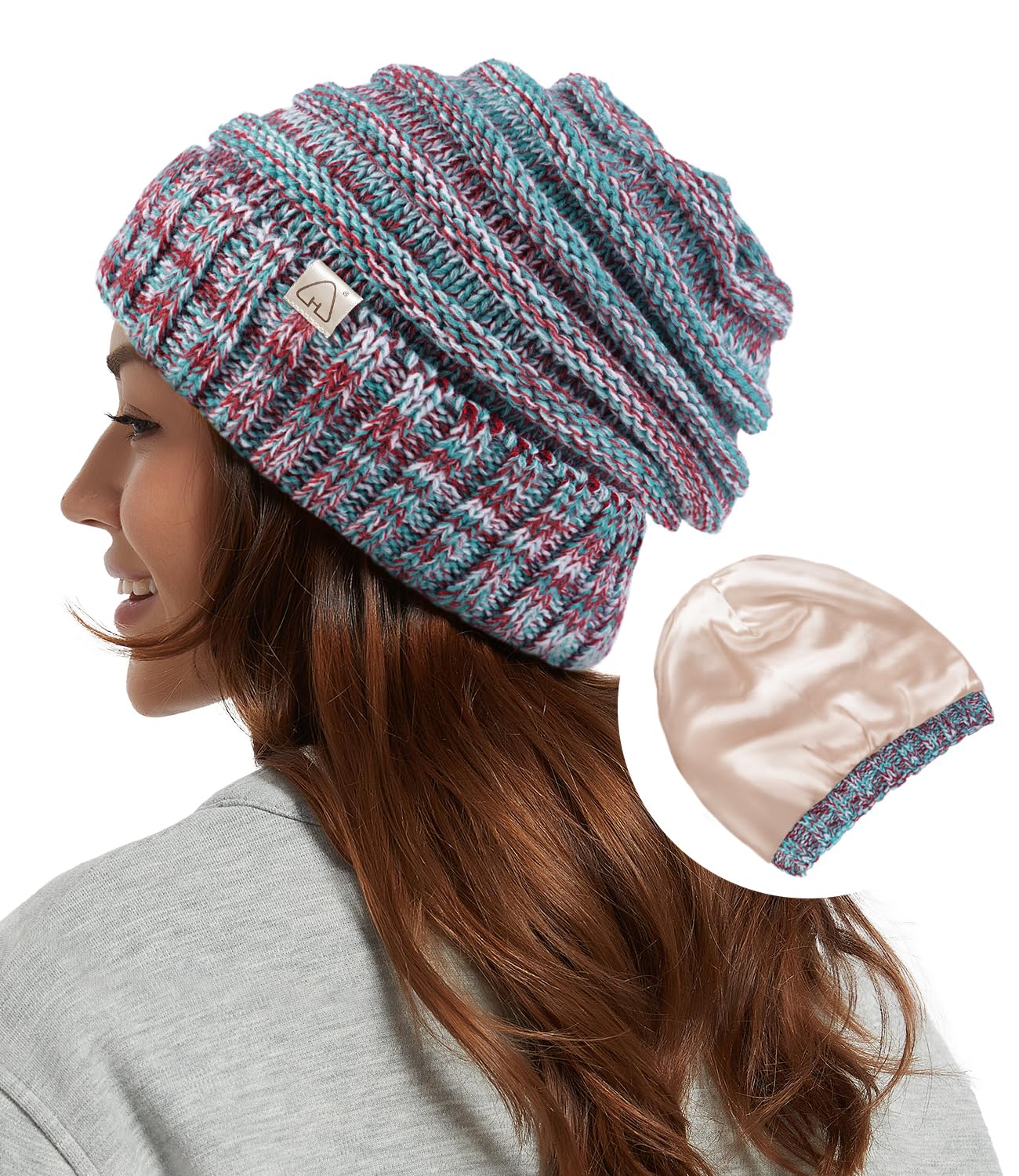 Hat Hut Womens Satin Lined Beanie Winter Hats with Silk Lining for Hair Slouchy Beanie Soft Warm Cable Knit Winter Hat