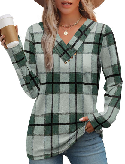 WIHOLL Long Sleeve Shirts for Women Fall Outfits V Neck T Shirts Button Down Tunic Tops Fashion Clothing